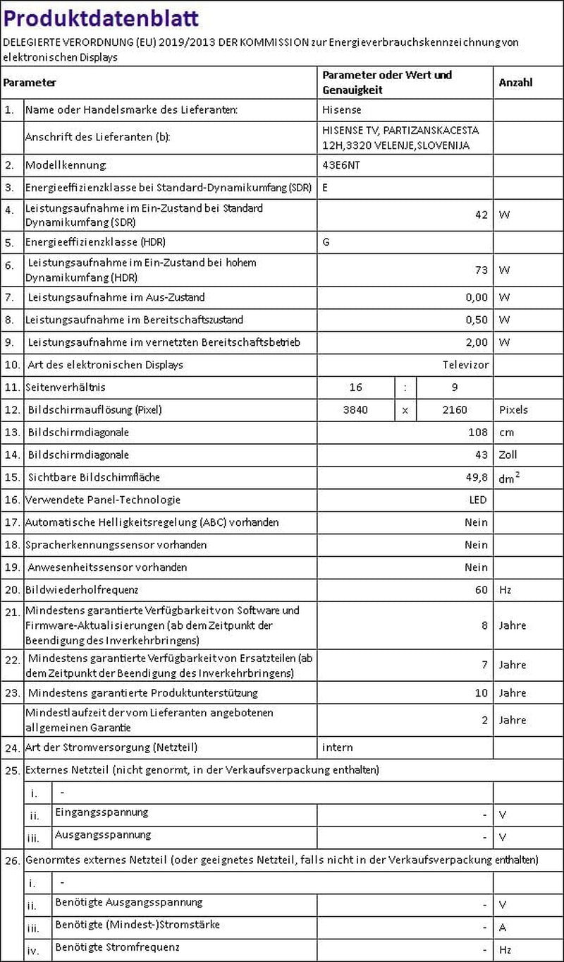 Hisense 43E6NT 108Cm (43 Zoll) Fernseher, 4K UHD Smart TV, Precision Colour, HDR, Dolby Vision, 60Hz, Triple Tuner DVB-C/S/S2/T/T2, Wifi, HDMI 2.1, Bluetooth, Alexa Built-In, Schwarz, [2024]