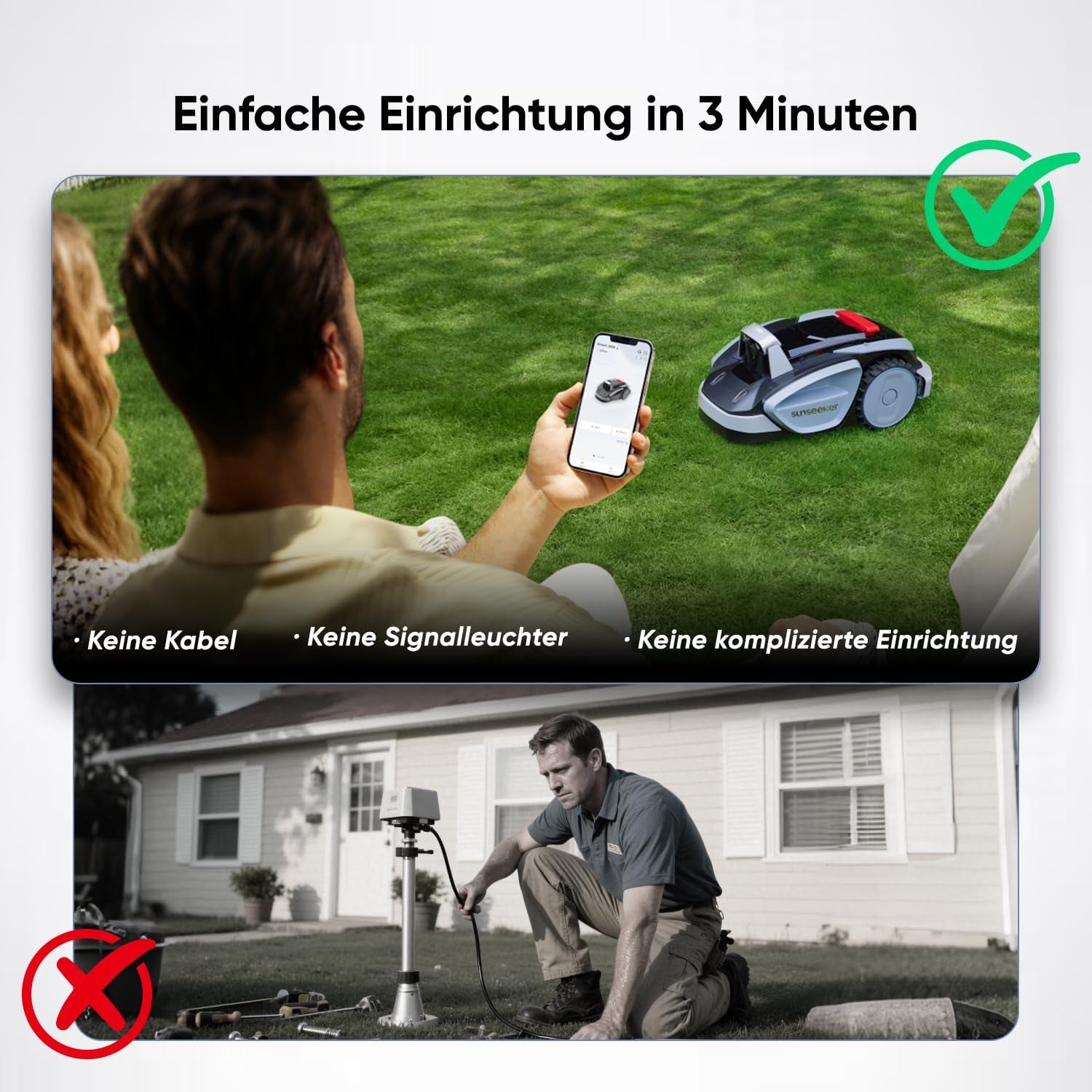 Sunseeker V3 Mähroboter Ohne Begrenzungskabel 600 M², Vision AI Doppel-Auge, 42% Steigung, App-Steuerung, Rasenmäher Mit Ein-Klick-Mähen