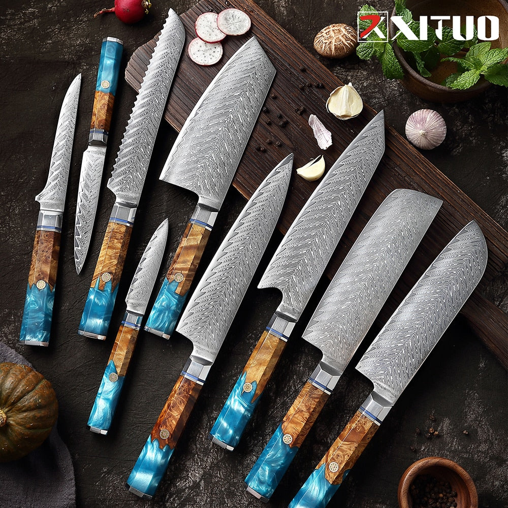 XITUO 1-9Pcs Damascus Chef Knife Razor Sharp Japanese Knife For Kitchen Cuisine Meat Cut Kiritsuke Nakiri Peeling Cooking Knife