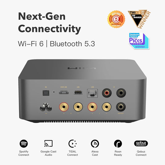 Wiim Amp Ultra Mit Voice Remote 2 | 100W Streaming-Verstärker Mit ESS ES9039Q2M DAC & Dual TI TPA3255 Amps | Integrierter Roomfit EQ & Touchscreen | HDMI ARC, Optisch, Rca-Eingänge | Space Grau