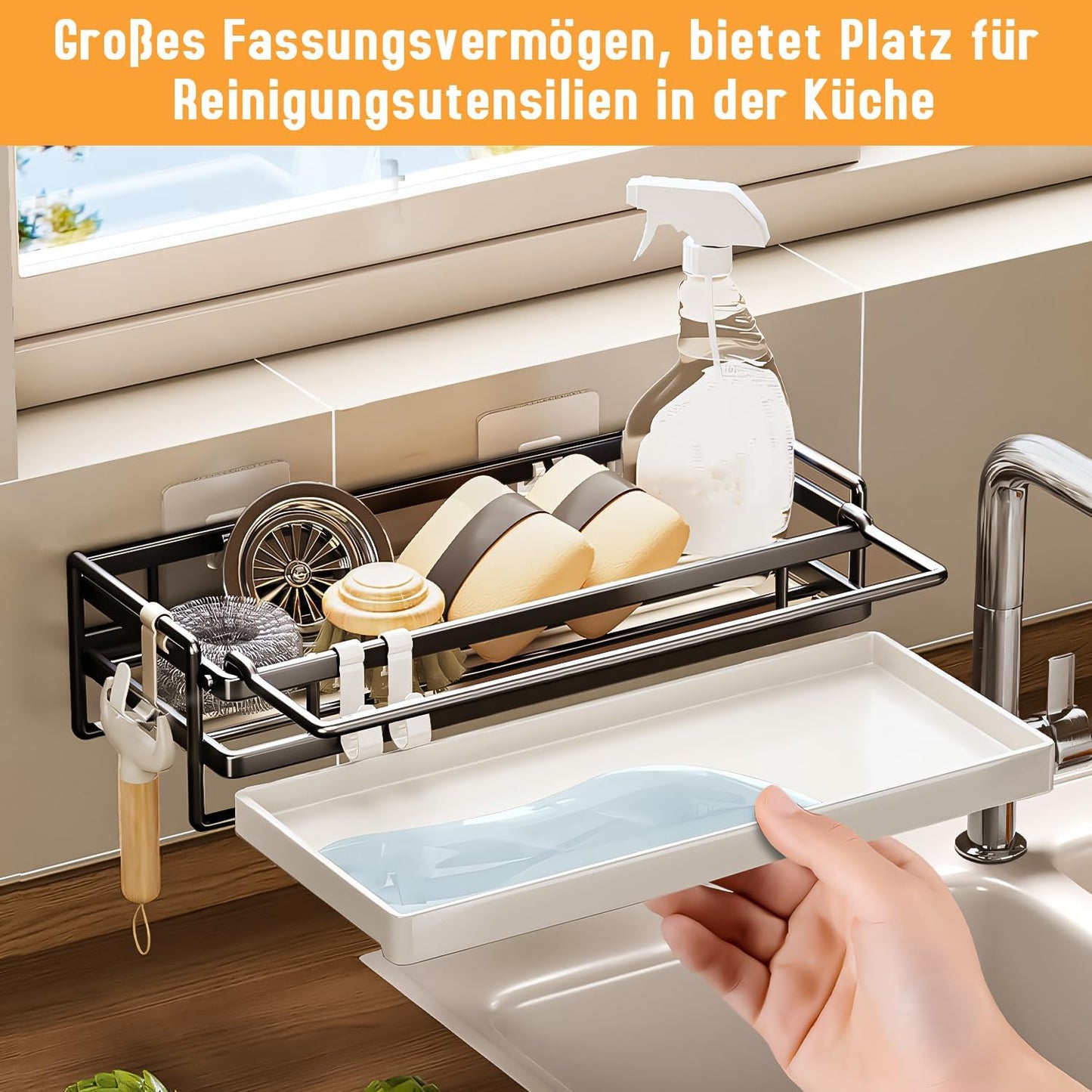 Spülbecken Organizer Küchen Organizer Mit Spültuchhalter- Hängend, Schwarz Kohlenstoffstahl Für Spüle, Abwasch, Spülmittel & Küchenutensilien - Spülablage & Küchenablage Ohne Bohren, Sink Organizer