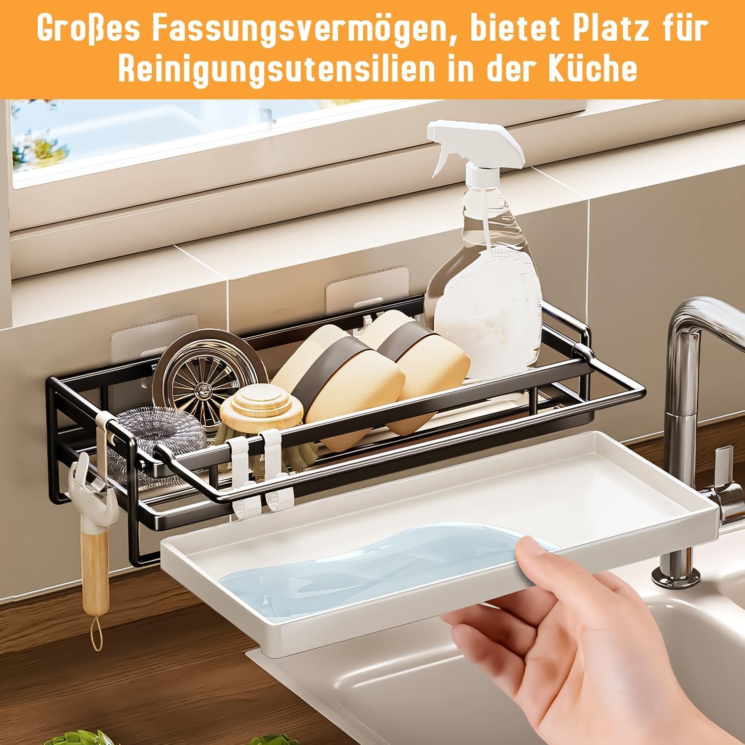 Spülbecken Organizer Küchen Organizer Mit Spültuchhalter- Hängend, Schwarz Kohlenstoffstahl Für Spüle, Abwasch, Spülmittel & Küchenutensilien - Spülablage & Küchenablage Ohne Bohren, Sink Organizer