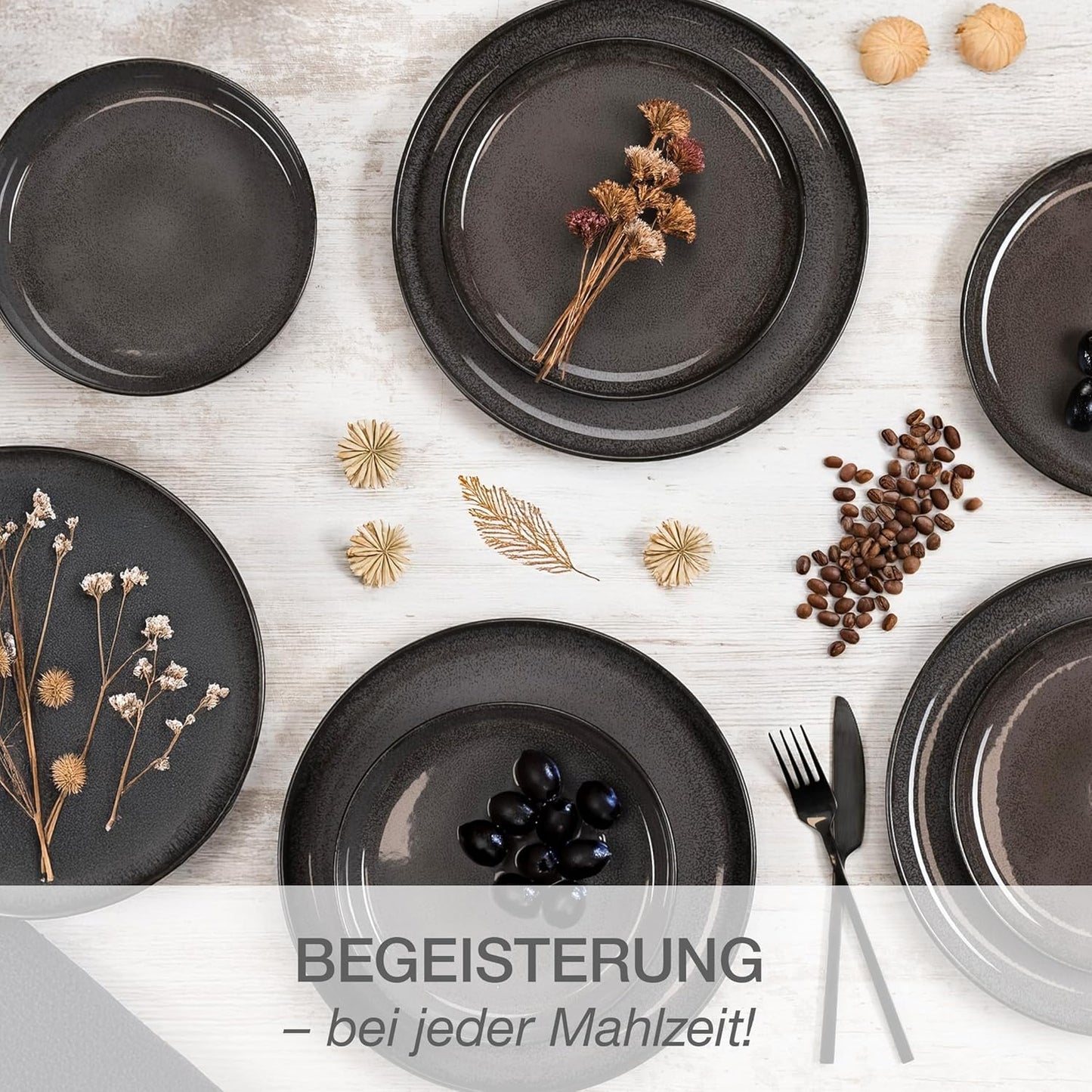 Moritz & Moritz VIDA Geschirrset 6 Personen Anthrazit 18-Tlg. - Modernes Porzellan Geschirr Set - Kratz-, Mikrowellen- & Spülmaschinenfest, Essgeschirr, Tafelservice, Kombiservice 6 Personen