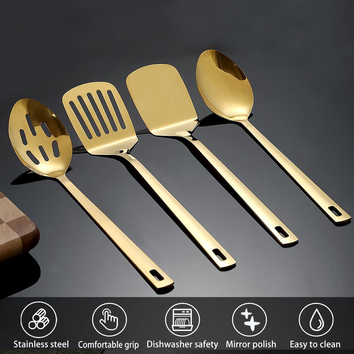 Homquen Gold Küchenutensilien Set 4Pcs, Titan Gold Beschichtung Edelstahl Kochutensilien Set, Küchenwerkzeuge Spatel Set, Kochlöffel, Home Essentials Küchengeräte Zubehör