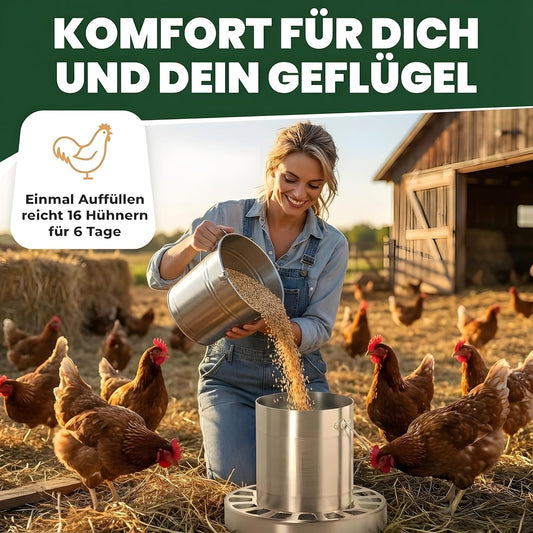 Edelstahl Futterautomat Hühner (4L / 8L / 12L Volumen) I Spart Bis Zu 40% Futter I Aufhängbar & Rattensicher I Abnehmbares Klick-Gitter I Spülmaschinengeeignet I Frei Von Scharfen Kanten