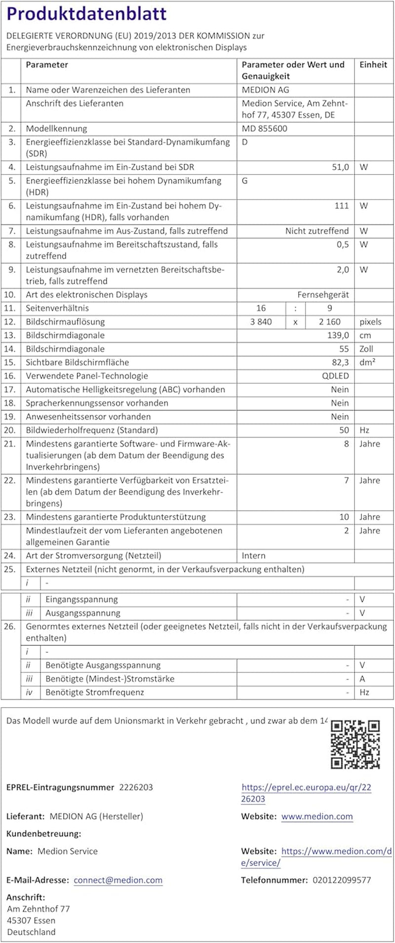 MEDION 138,8 Cm (55 Zoll) QLED Fernseher (Smart-Tv, Dolby Vision HDR, VIDAA Store, Prime Video, Disney+, DAZN, Paramount+, DTS X, Dolby Atmos, PVR, Bluetooth, MD 855600)