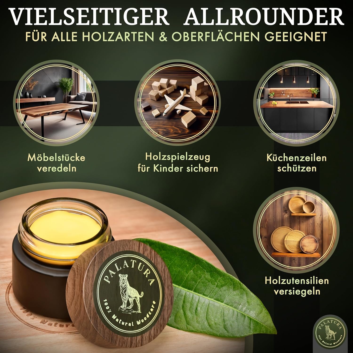 100% Natural Woodcare, Natürliche Holzpflege, Premium Holzwachs, Holzschutz Innen Und Außen, Möbelwachs, Möbelpflege Mit Bienenwachs Und Leinöl, 100Ml, Sehr Ergiebig