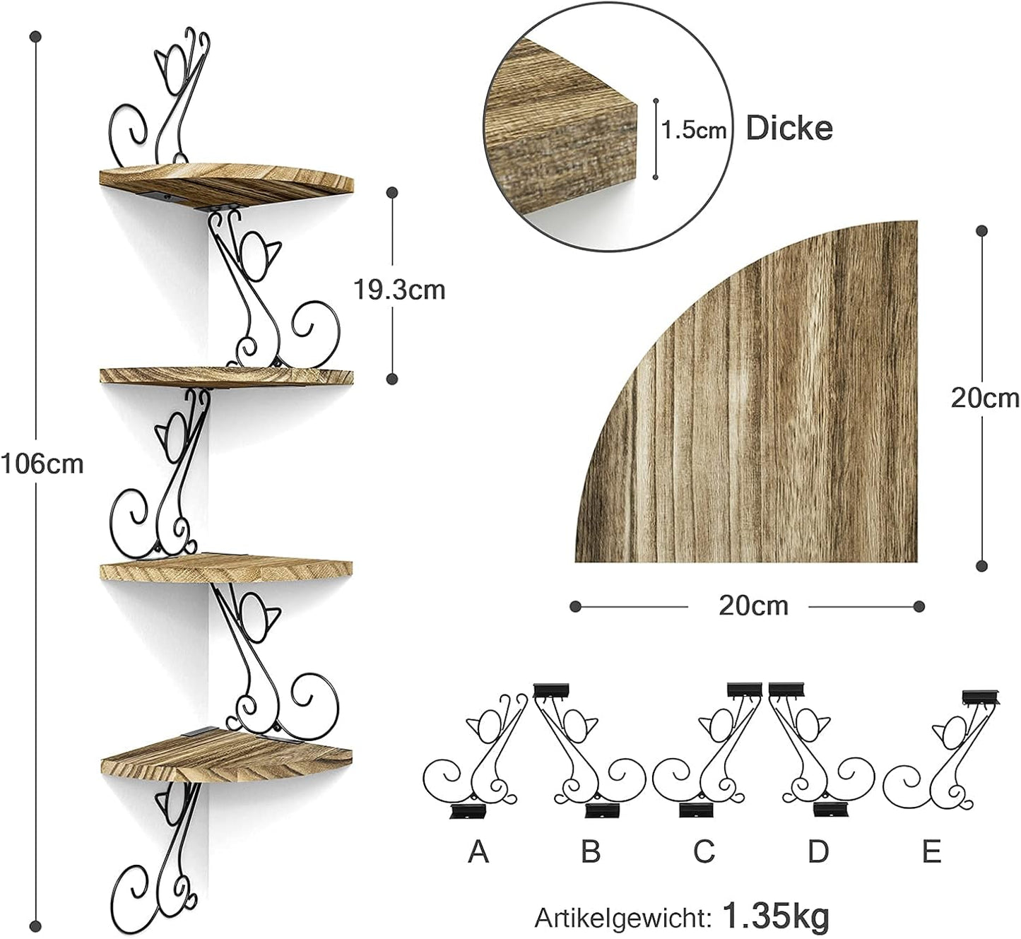 Alsonerbay Eckregal, Wandregal Vintage Aus Massivholz, Katzenform, Schweberegal Dekor Für Wohnzimmer Schlafzimmer Küche Büro, 4 Regalböden, Braun