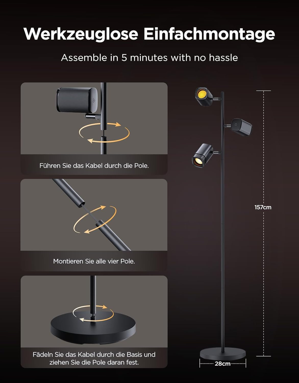 Govee 3-Flammen LED Stehlampe, RGBWW Fokus-Verstellbar Stehleuchte, 1500Lm, Matter Alexa Kompatibel, 64+ Szenen, Musik Sync, 157Cm Stehlampen Schwarz Für Wohnzimmer, Schlafzimmer, Lesezimmer Deko