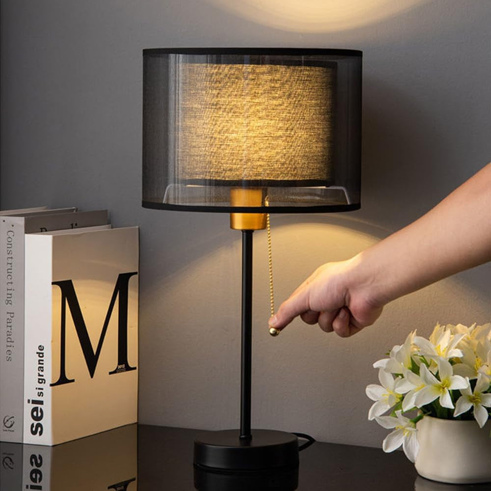 Tischlampe Moderne E27 Nachttisch Lampe,Vintage Tischleuchte Mit Stoff Lampenschirm Bürolampe,Leselampe,Deko Table Lampe Schreibtischlampe Retro Für Schlafzimmer,Wohnzimmer (Schwarz)