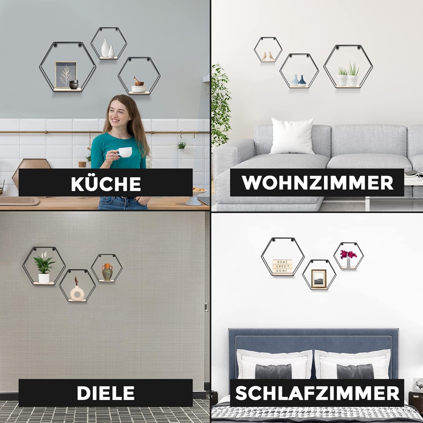 3Er Hexagon Wandregal Set, Schwarze Metall Schweberegale Mit Holzablage, Modernes Wabenregal Für Wohnzimmer, Schlafzimmer, Küche & Büro, Stabiles Stahlrahmen Regal Mit Schrauben & Montagezubehör
