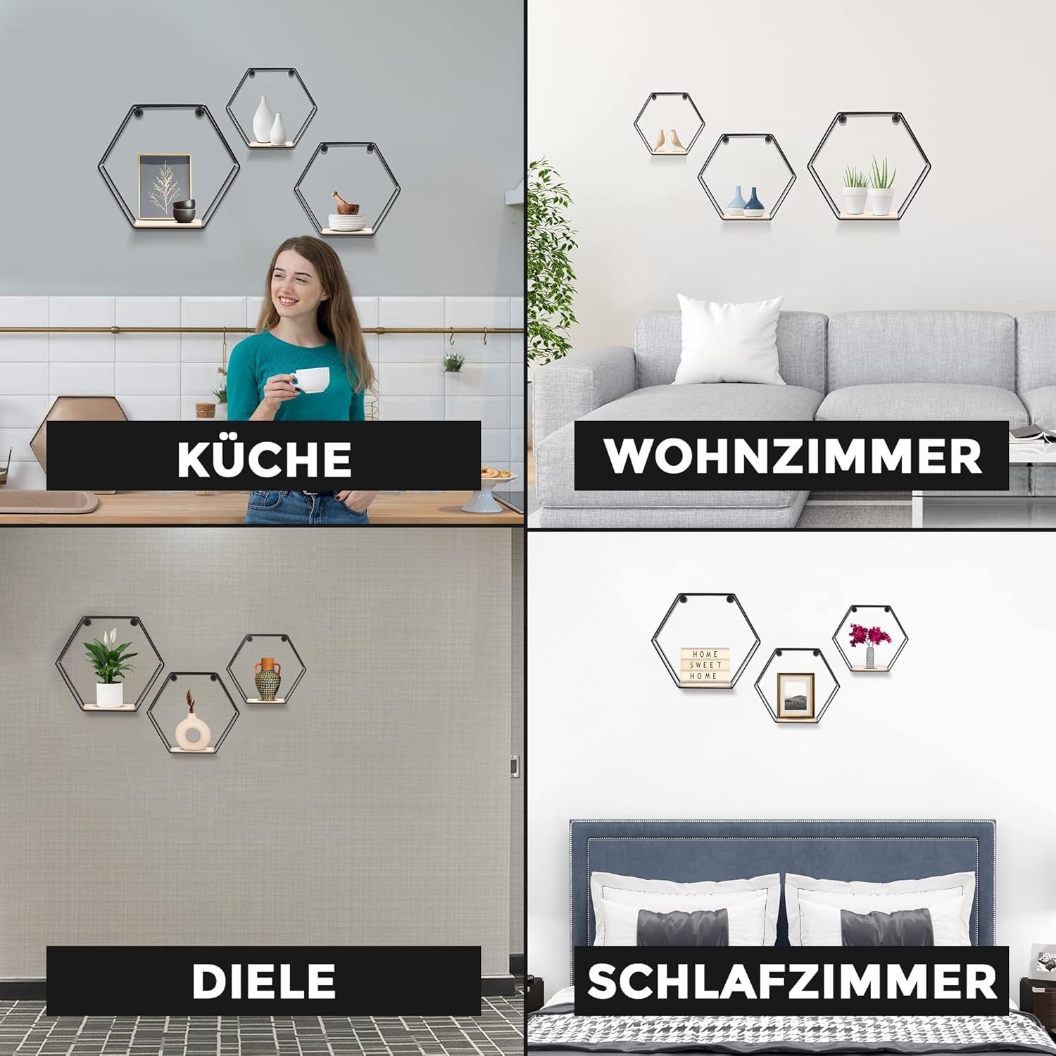 3Er Hexagon Wandregal Set, Schwarze Metall Schweberegale Mit Holzablage, Modernes Wabenregal Für Wohnzimmer, Schlafzimmer, Küche & Büro, Stabiles Stahlrahmen Regal Mit Schrauben & Montagezubehör