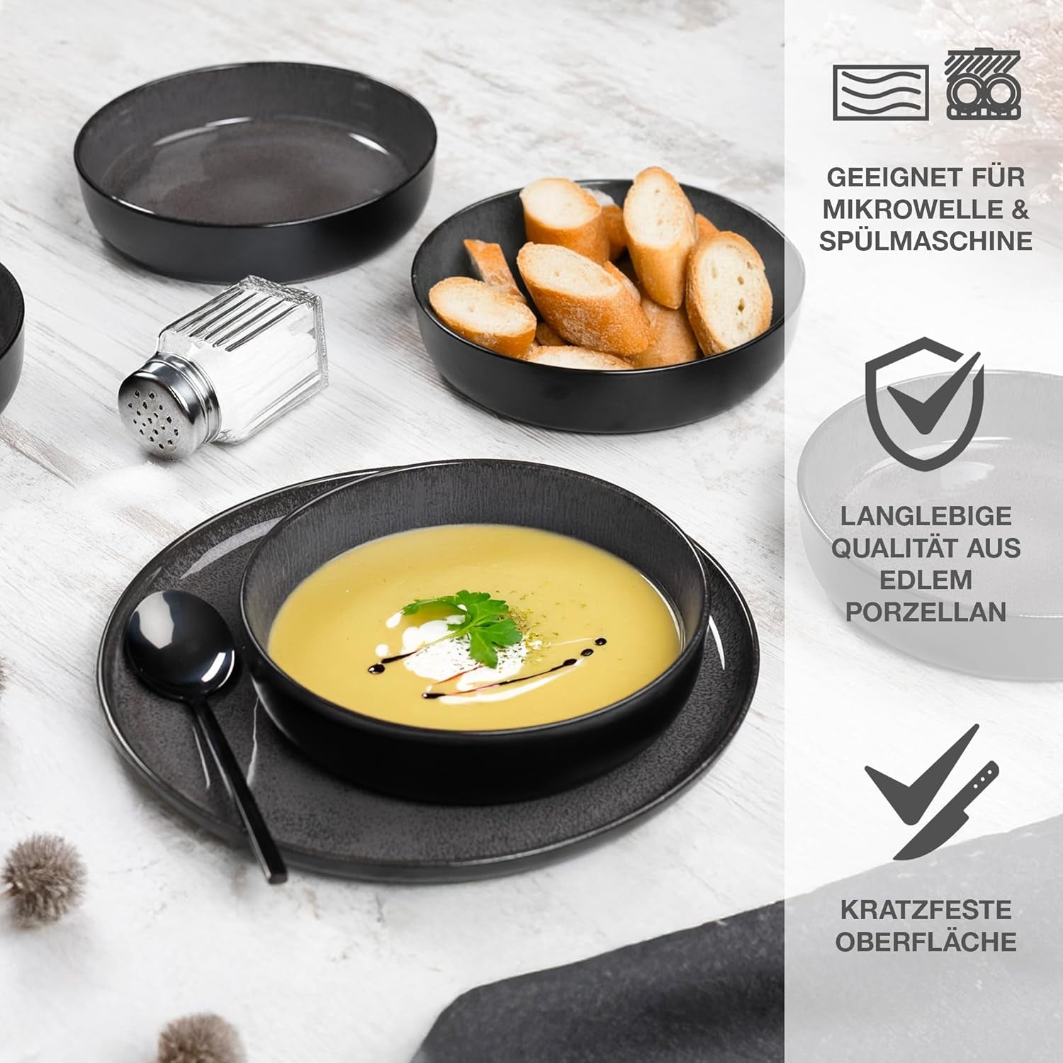 Moritz & Moritz VIDA Geschirrset 6 Personen Anthrazit 18-Tlg. - Modernes Porzellan Geschirr Set - Kratz-, Mikrowellen- & Spülmaschinenfest, Essgeschirr, Tafelservice, Kombiservice 6 Personen