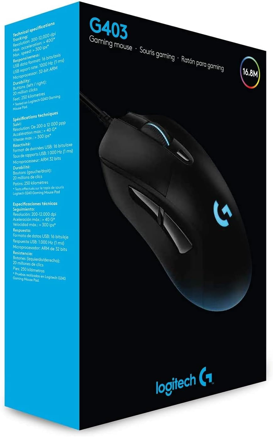 Logitech G403 HERO Gaming-Maus Mit HERO 25K DPI Sensor, LIGHTSYNC RGB, Geringes Gewicht Von 87G Und Optionales 10G Gewicht, Geflochtenes Kabel, Pc/Mac - Schwarz