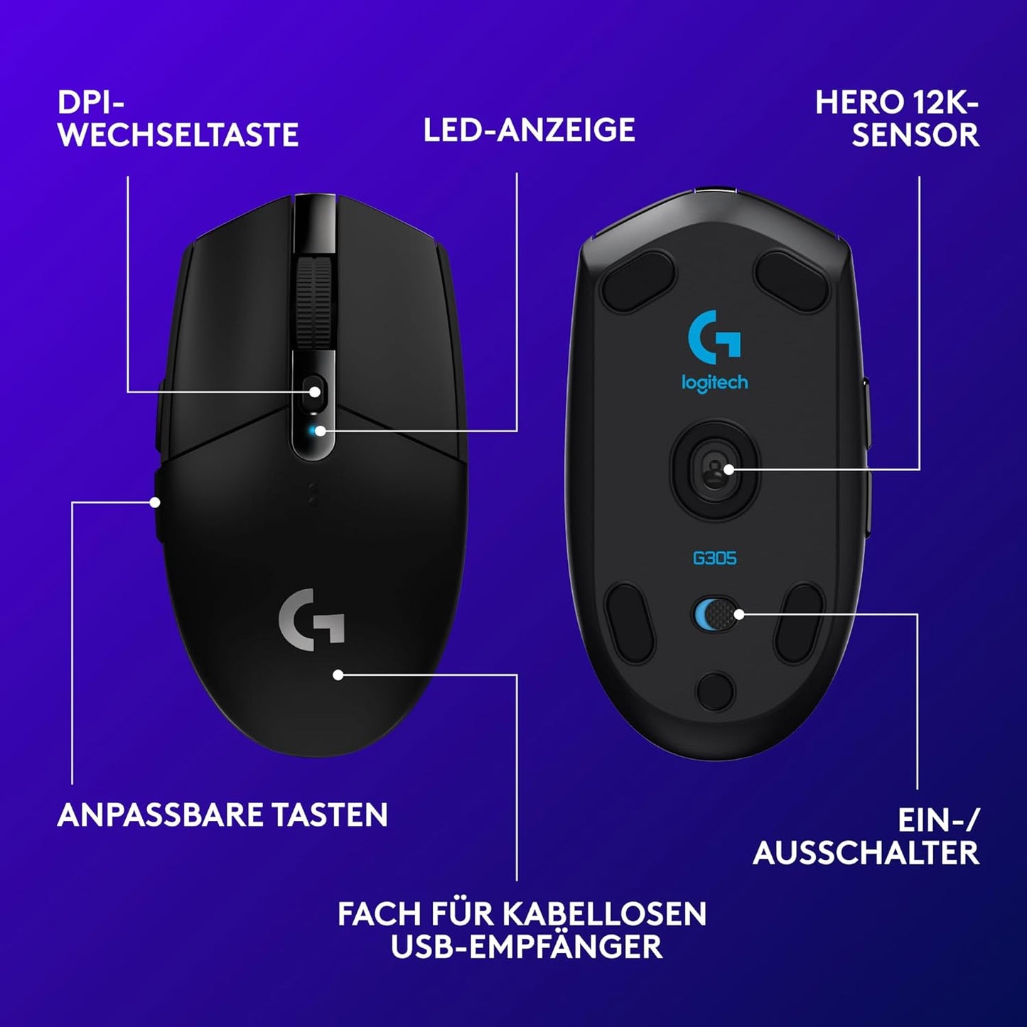 Logitech G305 LIGHTSPEED Kabellose Gaming-Maus Mit HERO 12K DPI Sensor, Wireless Verbindung, 6 Programmierbare Tasten, 250 Stunden Akkulaufzeit, Leichtgewicht, Pc/Mac - Schwarz