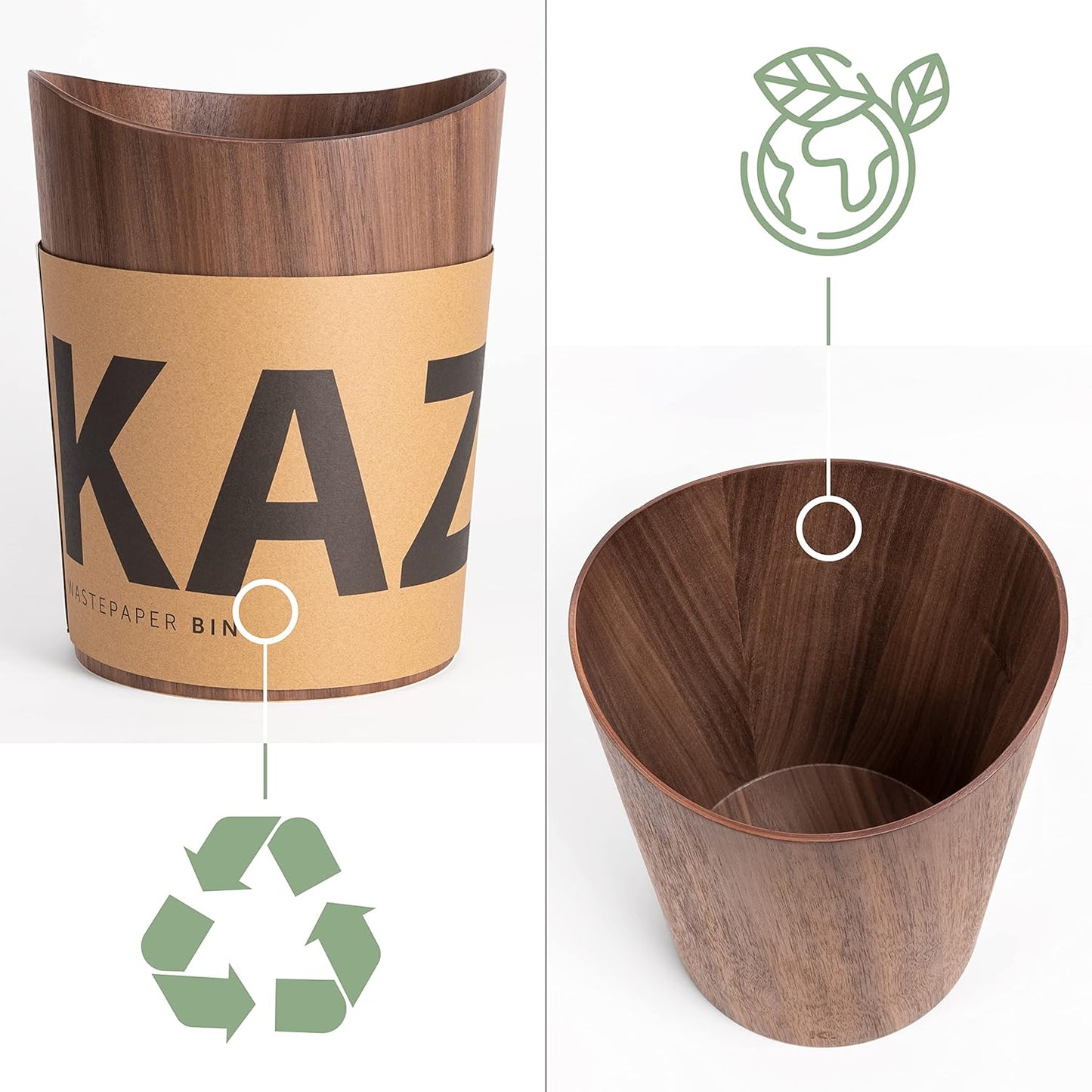 Kazai. Echtholz Papierkorb Börje | Holz Mülleimer Für Büro, Kinderzimmer, Schlafzimmer U.M. | 9 Liter | Walnuss