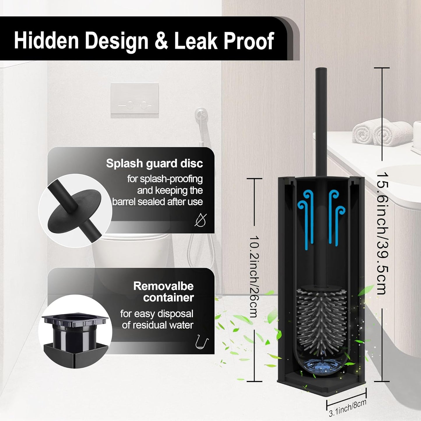 BVL WC Bürsten & Halter Schwarz, Metall Toilettenbürste Inklusive 2 Bürstenköpfe, Freistehende Quadratisch Silikon Toilettenbürste Für Das Badezimmer