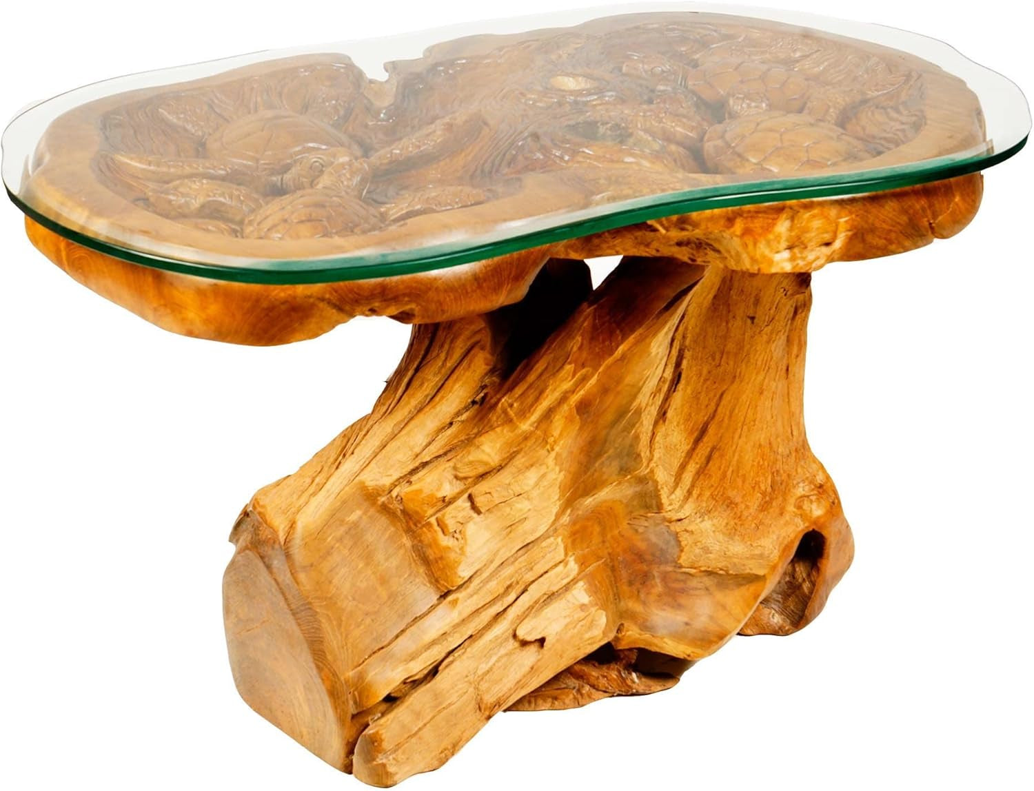 Windalf Rustikaler Couchtisch Mit 4 Schildkröten Bryna 90 Cm Mit Glasplatte Handarbeit Aus Wurzelholz