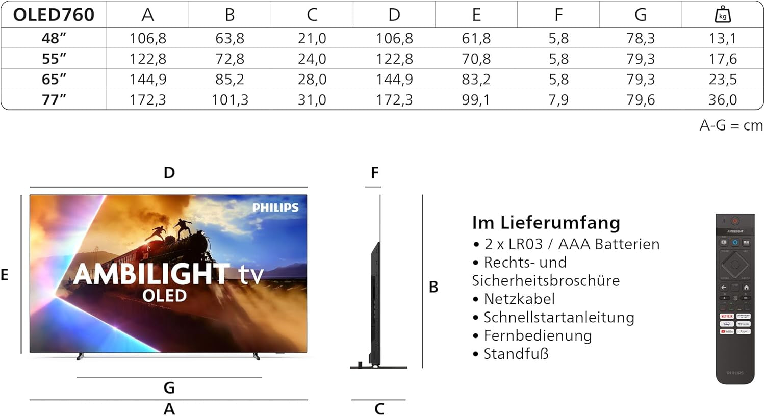 Philips Ambilight 77OLED760 4K OLED Smart TV - 77 Zoll Display Mit P5 AI Perfect Picture Engine Ultra HD, Titan OS, Dolby Vision Und Atmos Sound - Funktioniert Mit Alexa Und Google Sprachassistent