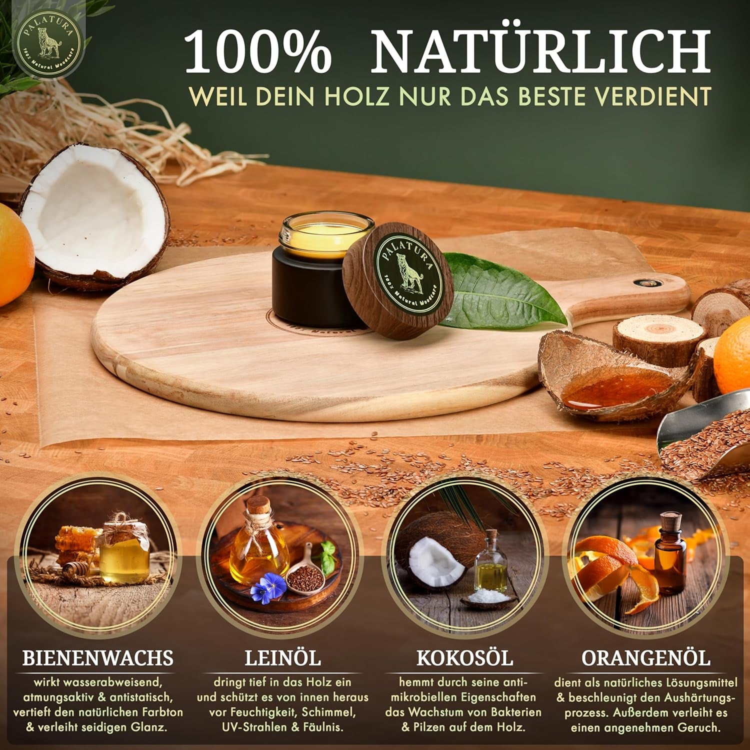 100% Natural Woodcare, Natürliche Holzpflege, Premium Holzwachs, Holzschutz Innen Und Außen, Möbelwachs, Möbelpflege Mit Bienenwachs Und Leinöl, 100Ml, Sehr Ergiebig