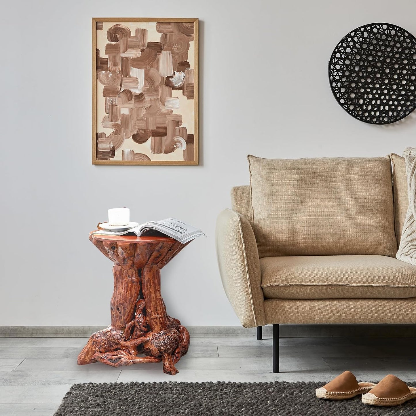 Beistelltisch Mit Azalee Und Baumstumpf, Rustikaler Beistelltisch Aus Holz Mit Wurzelholz,Reclaimed Primitive Baumstamm-Eck-Akzent-Tisch,Runder Natürlicher Couchtisch,Blockhütte Heimdekoration Möbel