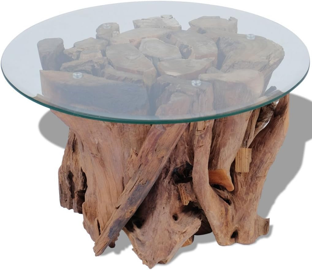 Couchtisch Kaffeetisch Coffeetisch Mit Tischfuss Aus Massives Teak-Treibholz Ideal Als Beistelltisch Glas Tischplatte Durchmesser 60Cm