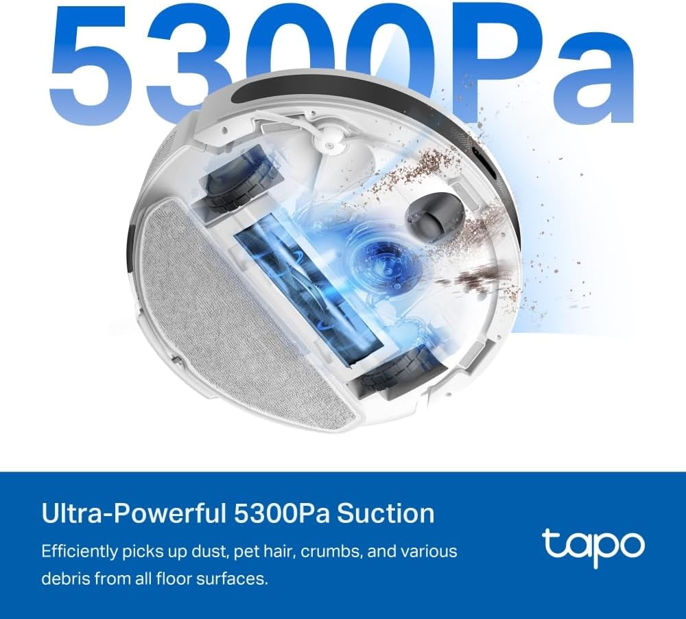 Tapo RV20 Max plus Saugroboter Mit Wischfunktion Und Automatischer Absaugstation, 5300Pa Ultra-Starke Saugkraft, 83 Mm Ultra-Schlank, Kompatibel Mit Alexa & Google Assistant Sprachsteuerung, Weiß