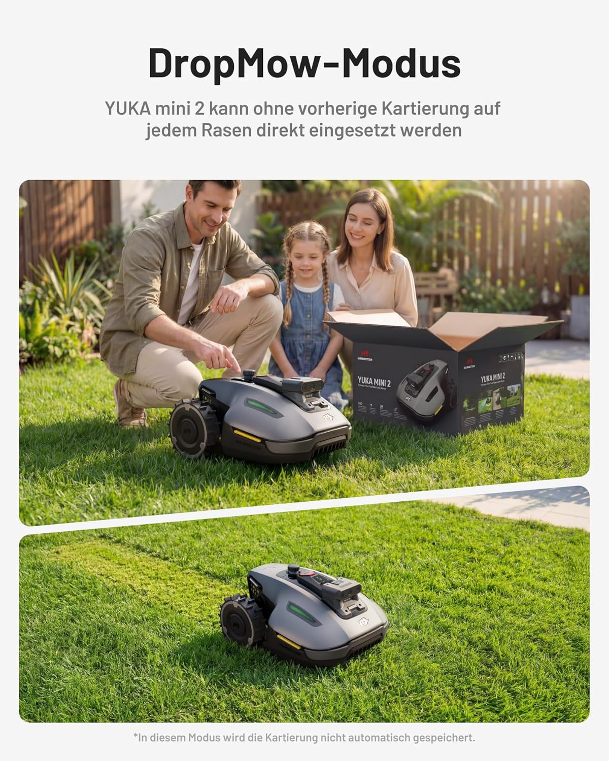 MAMMOTION YUKA Mini 2 500 Mähroboter Ohne Begrenzungskabel, Empf. 500 M², Ai-Gestützte Drei-Kamera-Bildverarbeitung Rasenmäher Roboter, Auto-Mehrzonen-Kartierung, Dropmow, 4.5Ah-Akku