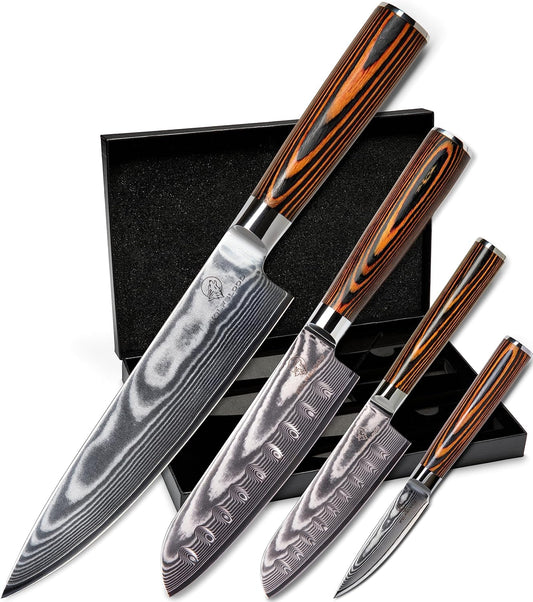 Wolfblood 4Er Damastmesser Set (32, 30, 24 Und 20 Cm) TÜV Geprüfter 62 HRC Damaststahl Aus 67 Lagen I Damast Küchenmesser Set Mit Chefmesser Santokumesser Klingenschutz & Geschenkbox