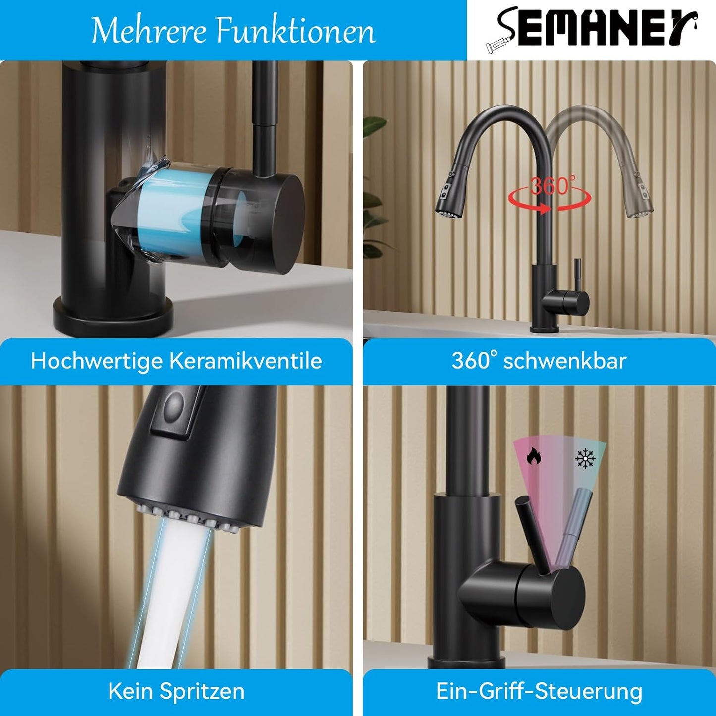 Wasserhahn Küche Schwarz, SEMANEY Hochdruck Küchenarmatur Ausziehbar, 3 Funktionen Einhebel Spültischarmatur Küche, 360° Schwenkbar Armatur Mischbatterie Küche, Edelstahl
