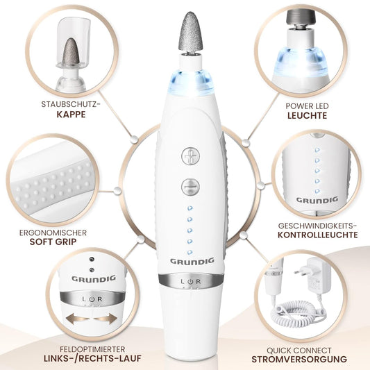 GRUNDIG Maniküre Set Elektrisch - Schöne Nägel Dank Power LED Und 17Tlg Saphir Zubehör Pediküre Fußpflege Set & Maniküre Set Mit Zubehör Nachbestellmöglichkeit Elektrische Nagelfeile (Maniküre Set V2)