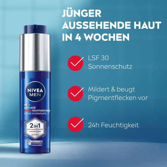 NIVEA MEN Anti-Age 2In1 Power Tagespflege Mit LSF 30, Gesichtspflege Mit Hyaluron Für Männer Mit Anti-Aging-Effekt, Hautpflege Mit LUMINOUS630® Gegen Alters- Und Pigmentflecken (50 Ml)