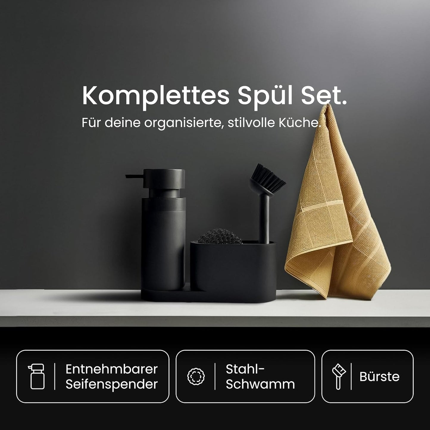 Blackswedenhome. Design Spülbecken Organizer Mit Entnehmbaren Spülmittelspender Spülbürste Und Schwamm - Küchenorganizer - Spüle Organizer Aus Kunststein Sink Spül Set Seifenspender Schwarz Matt