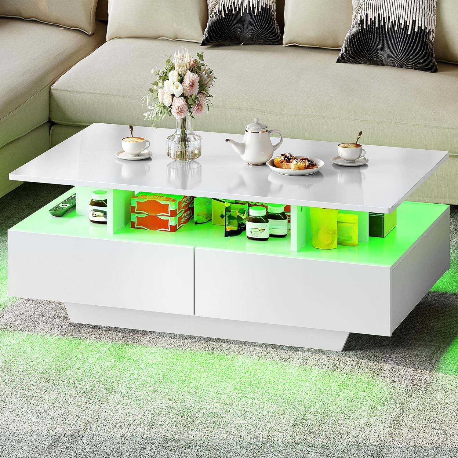 YITAHOME Couchtisch Weiß, Wohnzimmertisch Hochglanz Mit 16-Farbiger LED Beleuchtung Modern, Beistelltisch Weiss Mit Offenem Ausstellungsregal Und 4 Ausziehbaren Schubladen 90X55X41,1 Cm