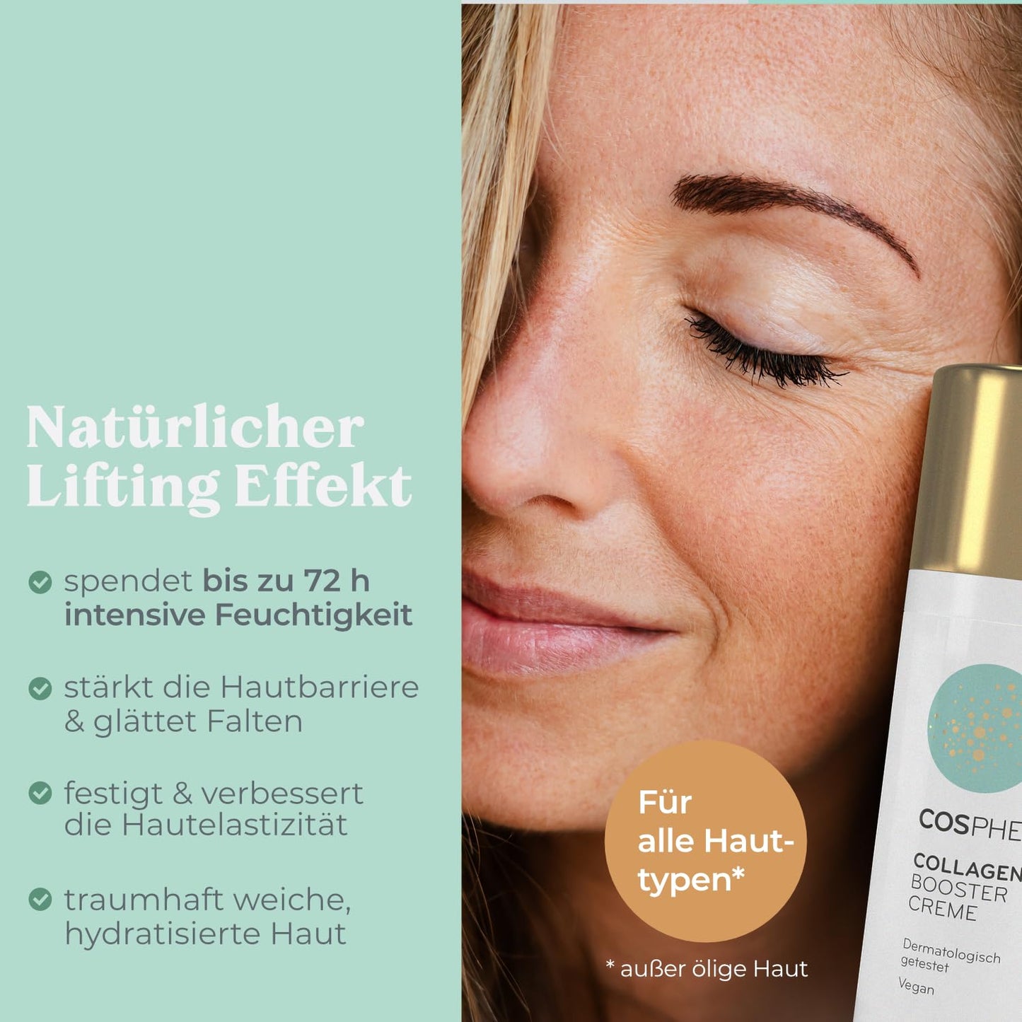 Cosphera Collagen Booster Creme 50 Ml Vegan - Mit Hyaluronsäure, Peptiden & Vitamin B3 - Gesichtscreme Gegen Falten - anti Faltencreme Gegen Tränensäcke, Augenringe Und Stirnfalten