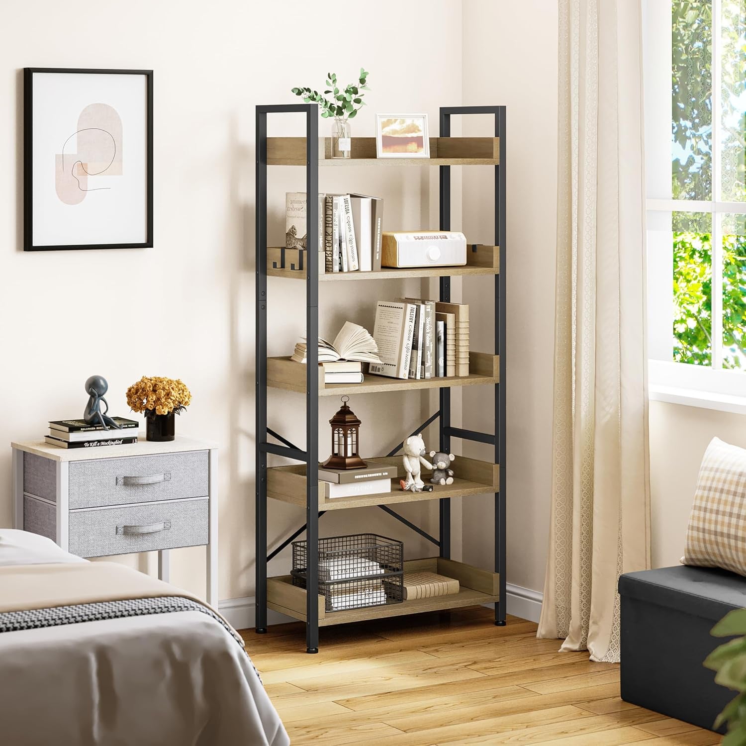 YITAHOME Bücherregal 5 Etagen, Bodenstehendes Bücherregal, Holzregal Und Stabiles Stahlrahmenregal Mit 4 Haken Industrielles Lagerregal Für Wohnzimmer, Heimbüro, Eiche Farbe