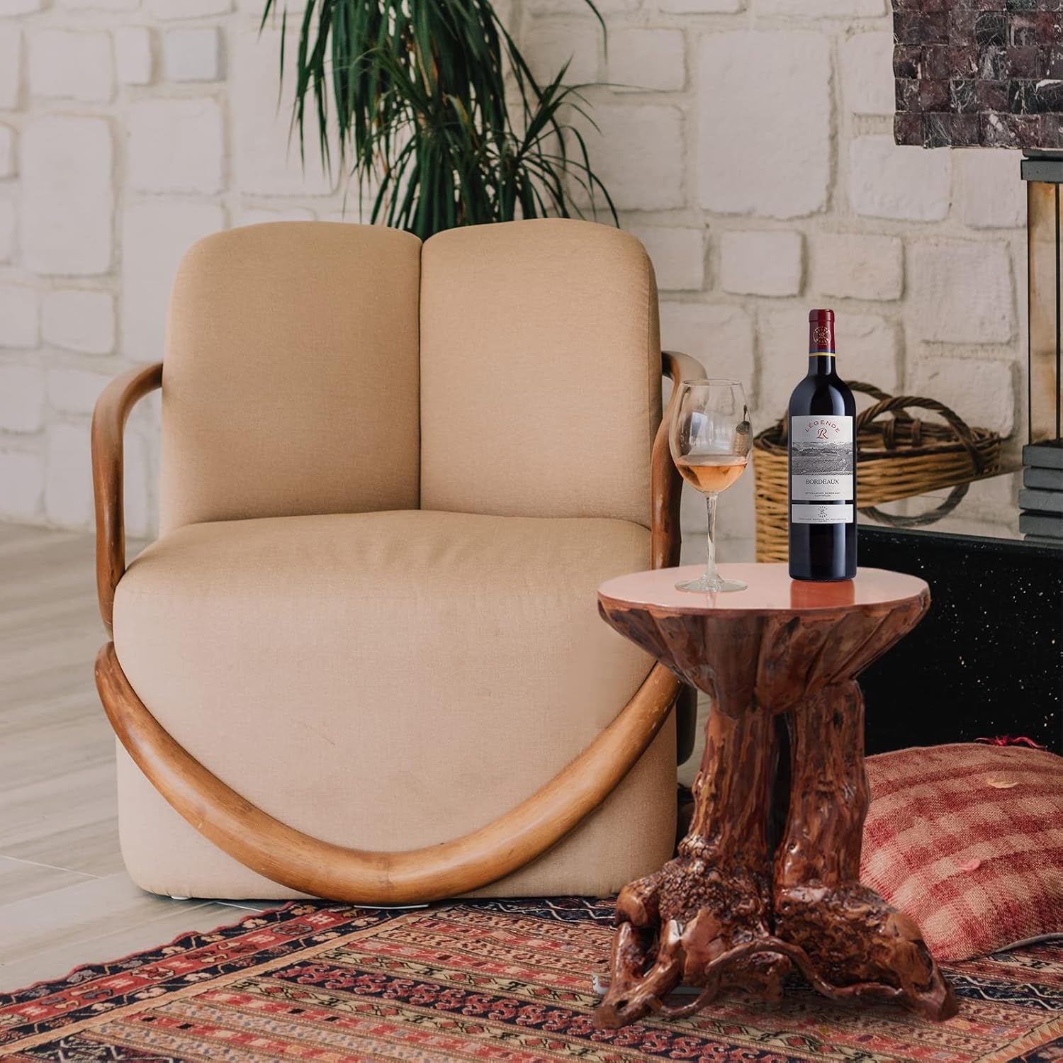 Beistelltisch Mit Azalee Und Baumstumpf, Rustikaler Beistelltisch Aus Holz Mit Wurzelholz,Reclaimed Primitive Baumstamm-Eck-Akzent-Tisch,Runder Natürlicher Couchtisch,Blockhütte Heimdekoration Möbel