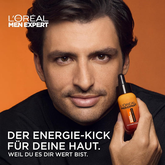 L'Oréal Men Expert Vitamin C Serum Gegen Müde Haut Für Männer, Feuchtigkeitspflege Für Ein Strahlendes Aussehen, Herren Gesichtsserum Hochdosiert Mit 10% Purem Vitamin C, Hydra Energy, 1 X 30 Ml