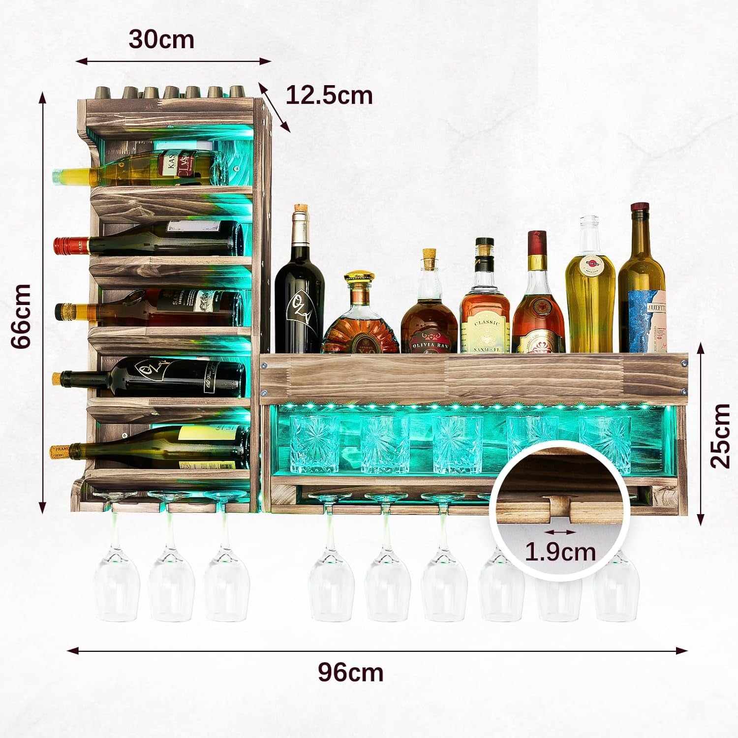 Yorbay Weinregal Mit Led-Licht Palette Beflammt Holz, Wandbar Mit Korkhalter, Für Weingläser, Whiskygläser, Flaschenhalter Hausbar, Vintage, Geschenk
