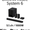 Sony BRAVIA Theatre System 6 (5.1-Kanal-Surround Sound, 1000 W, Inkl. Rücklautsprecher & Subwoofer, Dolby Atmos, DTS:X, AI Voice Zoom 3 Mit BRAVIA TV, DSEE, Multi-Stereo-Party-Modus) Schwarz
