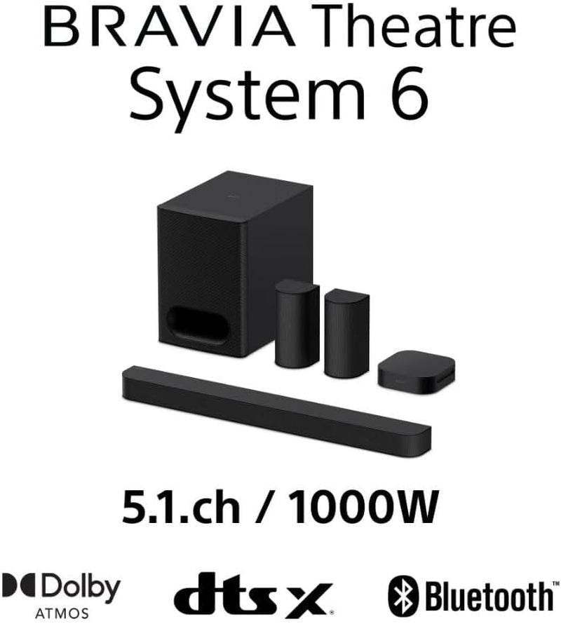 Sony BRAVIA Theatre System 6 (5.1-Kanal-Surround Sound, 1000 W, Inkl. Rücklautsprecher & Subwoofer, Dolby Atmos, DTS:X, AI Voice Zoom 3 Mit BRAVIA TV, DSEE, Multi-Stereo-Party-Modus) Schwarz