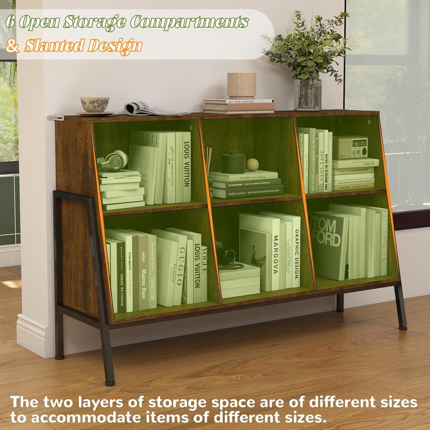 YOSHOOT Bücherregal, Offenes Bücherregal Aus Holz Mit Metallbeinen, Würfelförmiges Lagerregal Mit 2 Ebenen, Vitrine Mit 6 Offenen Fächern Für Wohnzimmer, Büro, 117X36.5X78.5 Cm (Rustikales Braun)