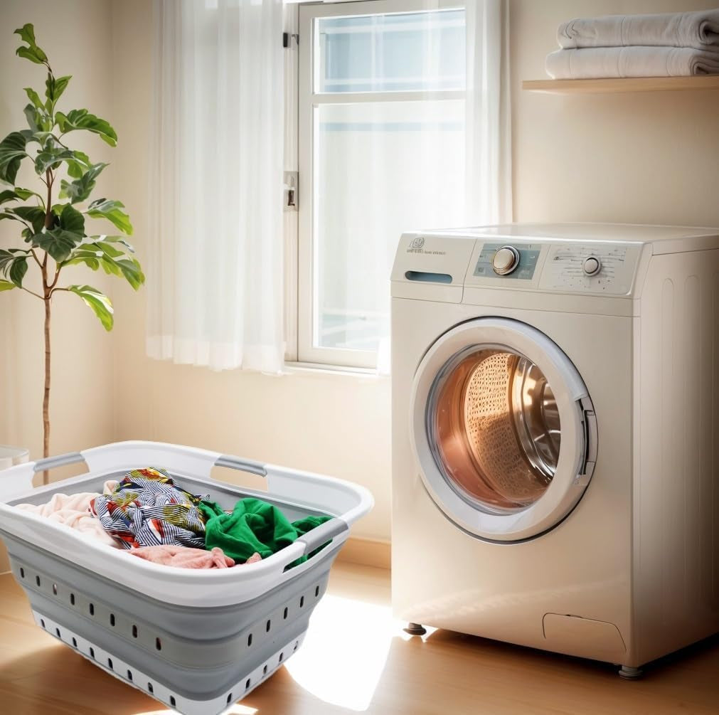 SAMMART 42L Faltbarer Wäschekorb Aus Kunststoff – Faltbarer Pop-Up-Aufbewahrungsbehälter/Organizer – Tragbarer Wäschekorb – Platzsparender (1, Weiß/Grau)