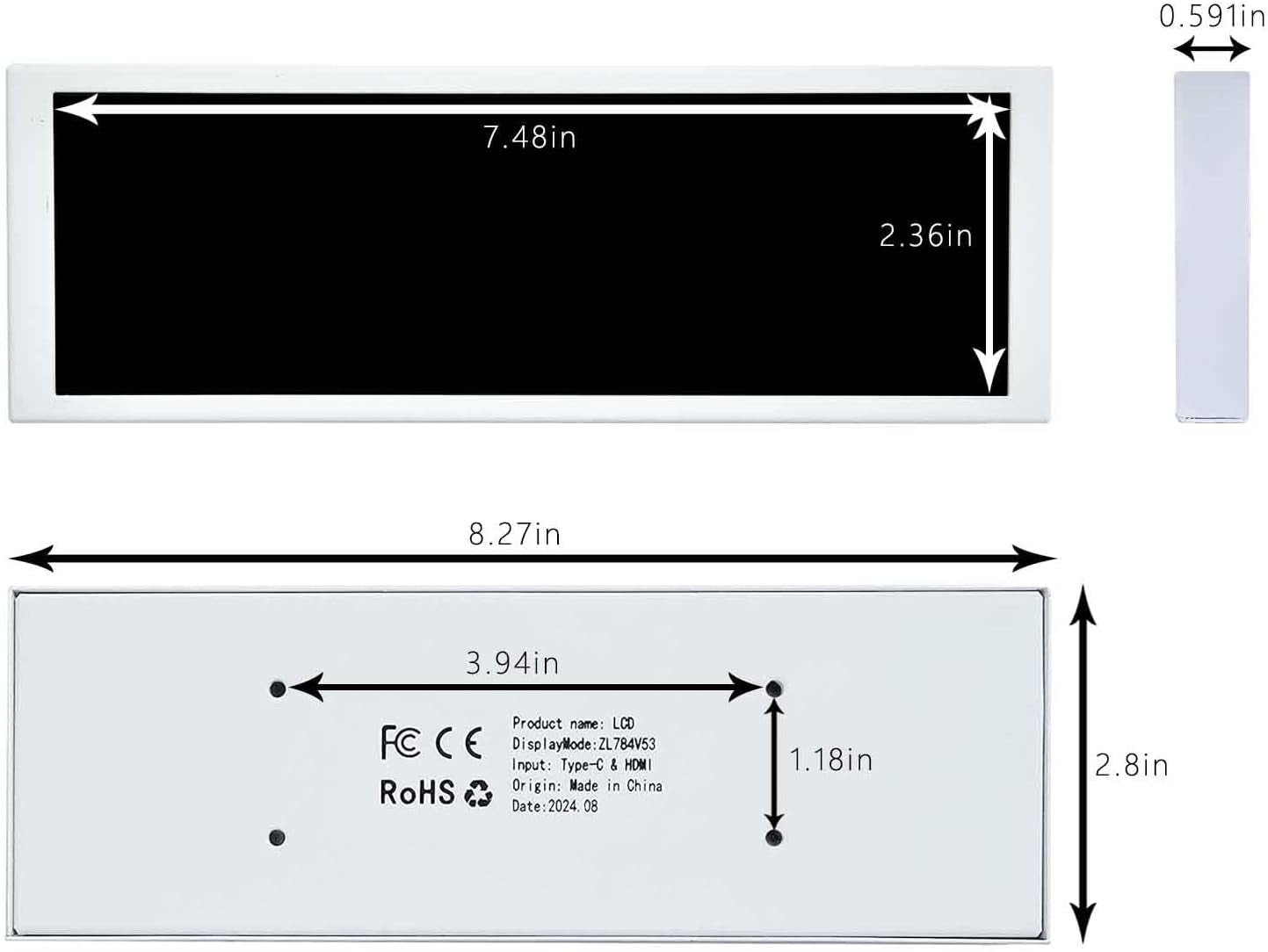 VSDISPLAY Weiß 7,84 Zoll 1280 X 400 IPS Mini Monitor Stretched Bar LCD Display Mit USB C Video Port