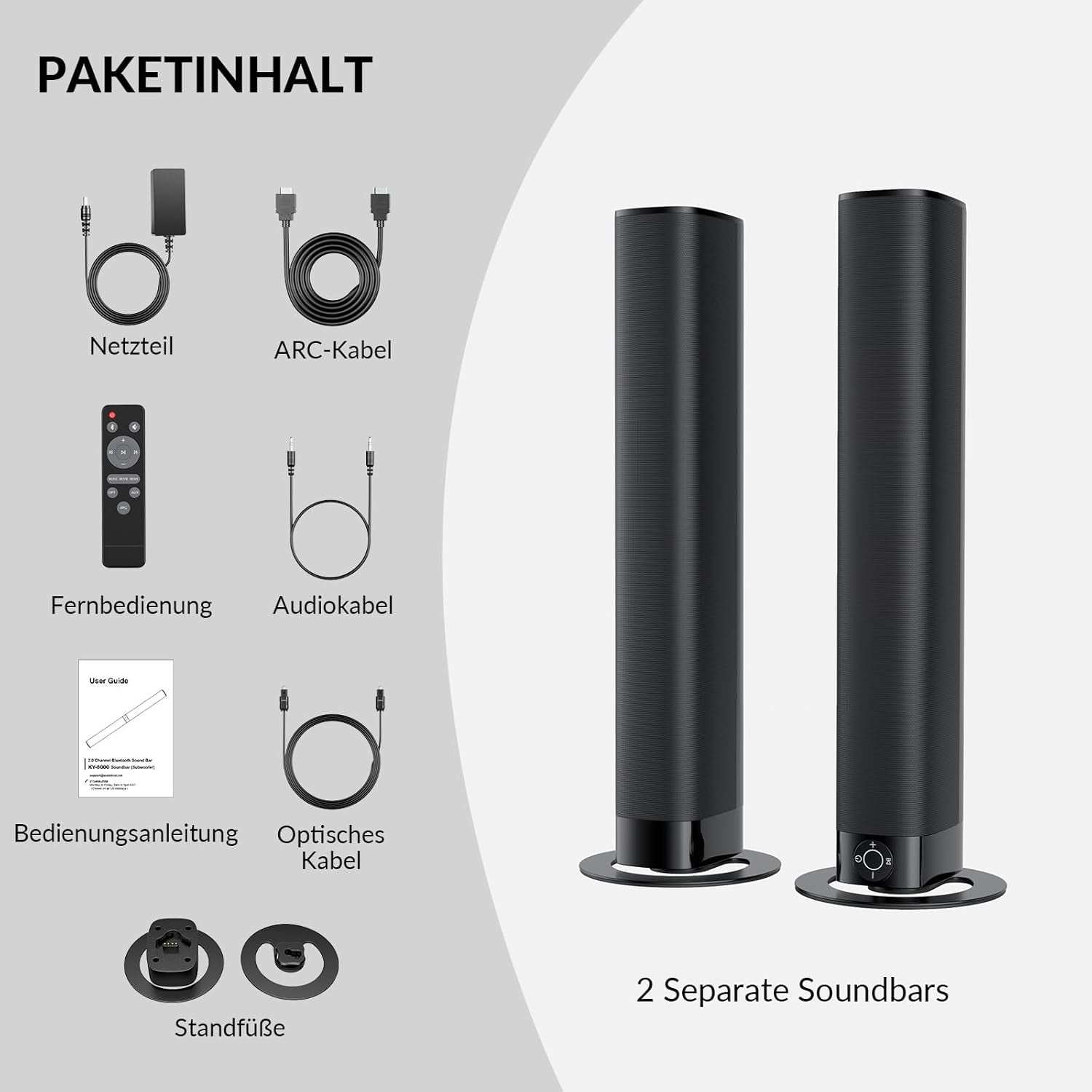 Soundbar Für TV Geräte, Teilbare 2-In-1 Set of TV Soundbar, Auto-Volume-Boost, 3 Sound Modi, Surround Soundsystem, Bluetooth 5.3, Arc/Opt/Aux, TV Lautsprecher Für Fernseher, Beamer, Monitor