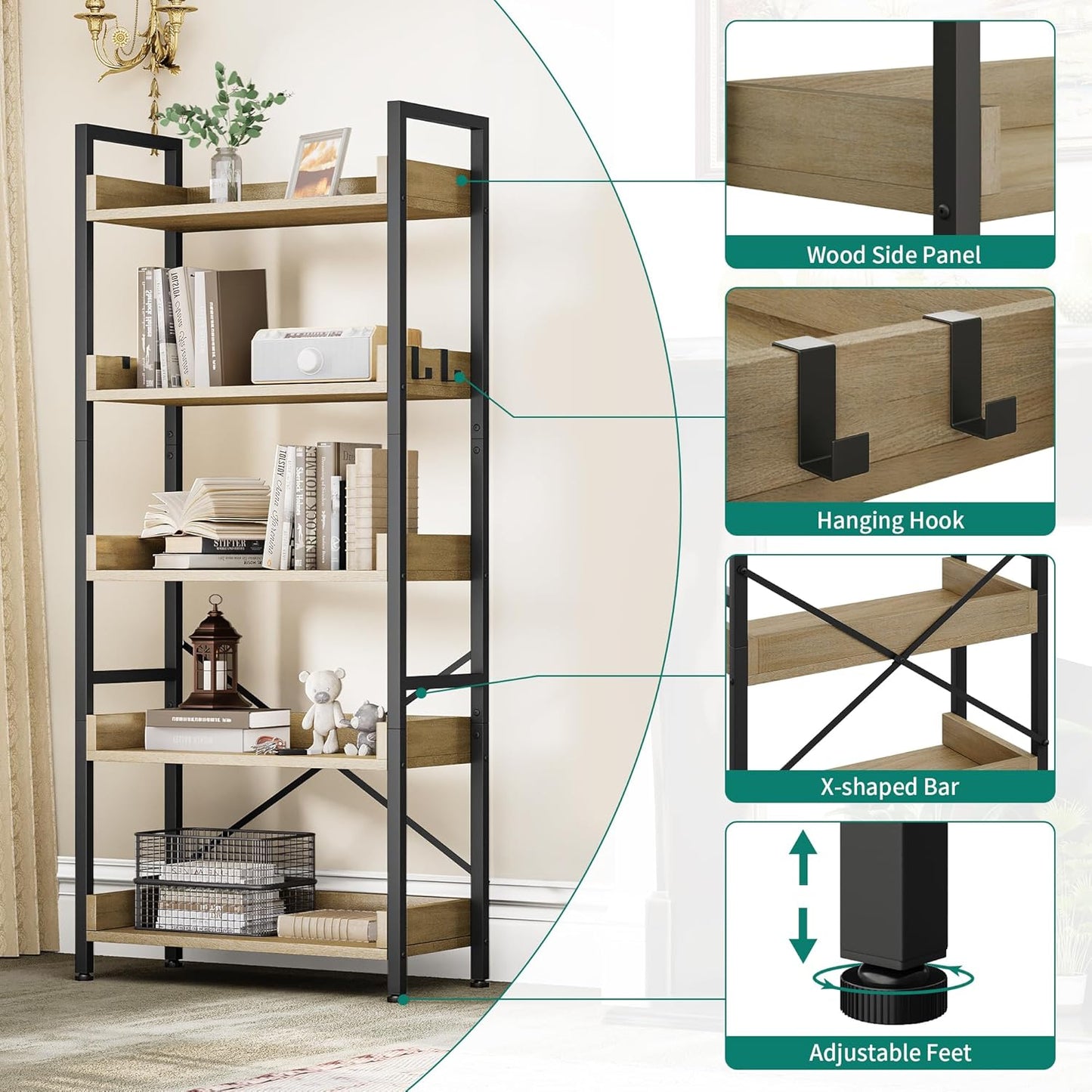 YITAHOME Bücherregal 5 Etagen, Bodenstehendes Bücherregal, Holzregal Und Stabiles Stahlrahmenregal Mit 4 Haken Industrielles Lagerregal Für Wohnzimmer, Heimbüro, Eiche Farbe