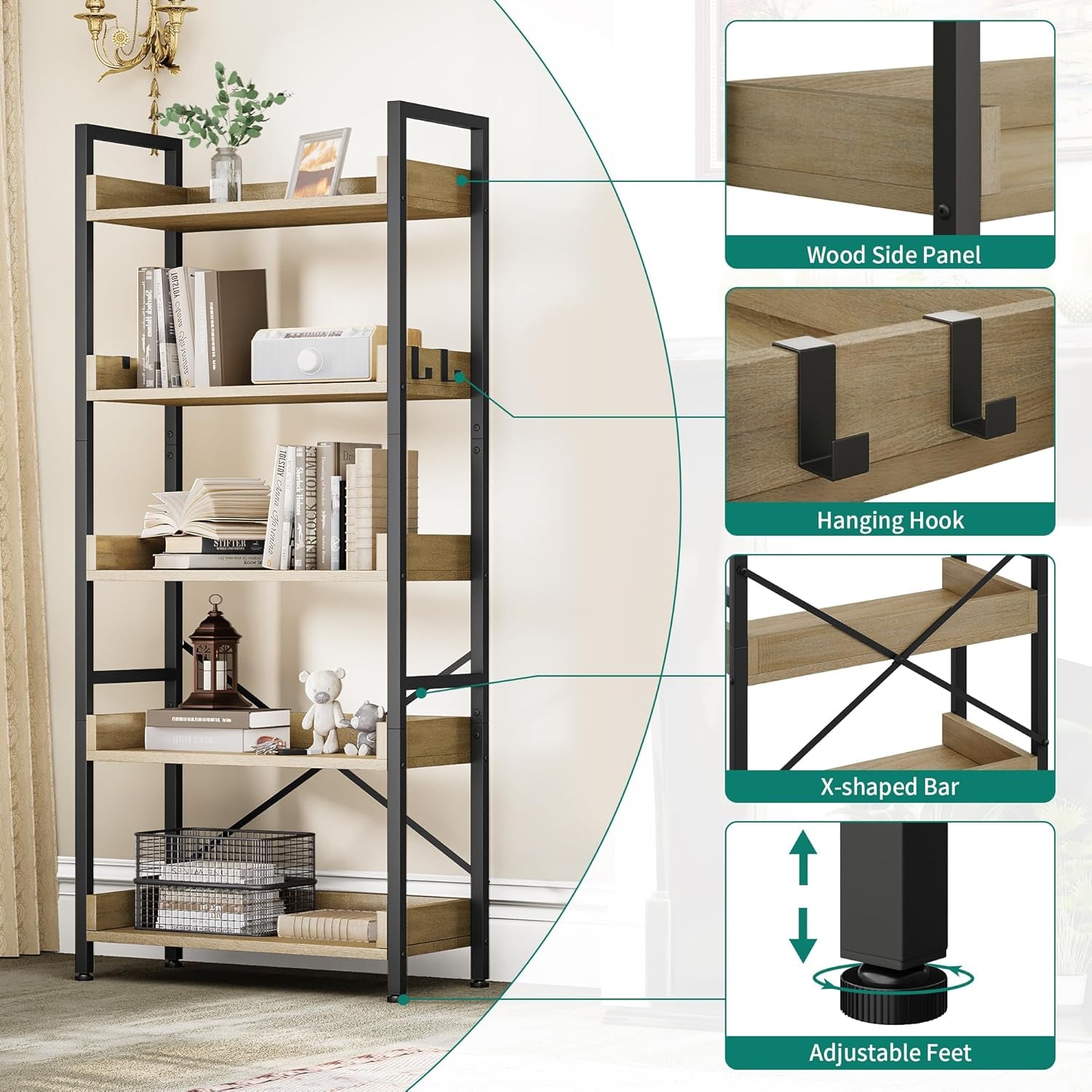 YITAHOME Bücherregal 5 Etagen, Bodenstehendes Bücherregal, Holzregal Und Stabiles Stahlrahmenregal Mit 4 Haken Industrielles Lagerregal Für Wohnzimmer, Heimbüro, Eiche Farbe