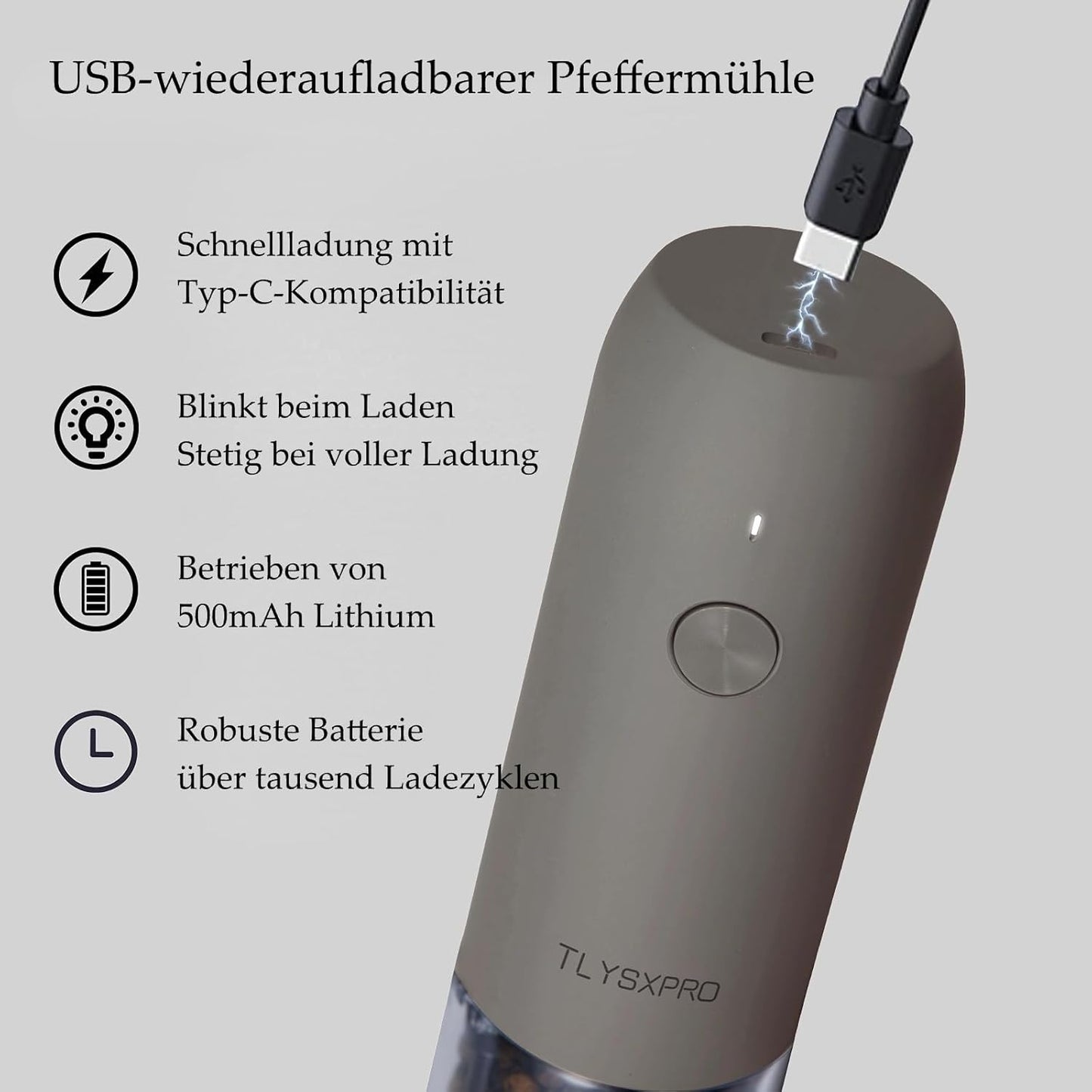 Salz Und Pfeffermühle Elektrisch 2Er Set, USB Wiederaufladbar, Einstellbarer Grobheit Gewürzmühle, Pfeffermühle Elektrische Mit Led-Licht, Reinigungsbürste, Küchengeräte, Greige