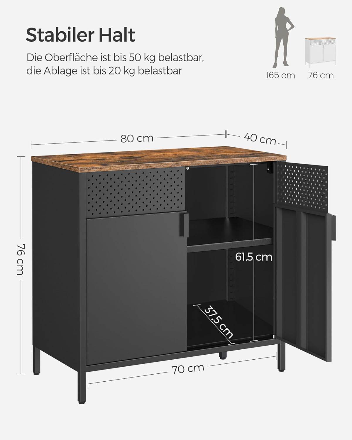 SONGMICS Aufbewahrungsschrank, Metallschrank, Mit Doppeltür, Magnetverschluss, Verstellbarer Einlegeboden, Stahlgestell, 40 X 80 X 76 Cm, Vintagebraun-Schwarz LSC102B01