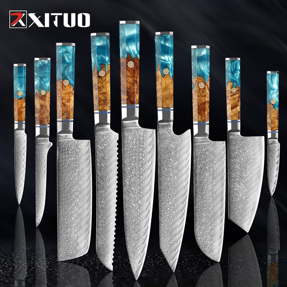 XITUO 1-9Pcs Damascus Chef Knife Razor Sharp Japanese Knife For Kitchen Cuisine Meat Cut Kiritsuke Nakiri Peeling Cooking Knife